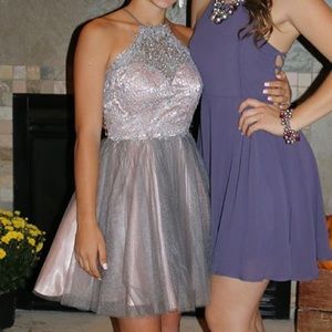 pink and silver lace two piece dress